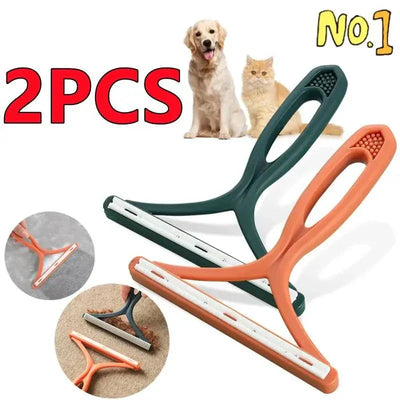 Silicone double sided pet hair remover in orange and green, featuring dog and cat.