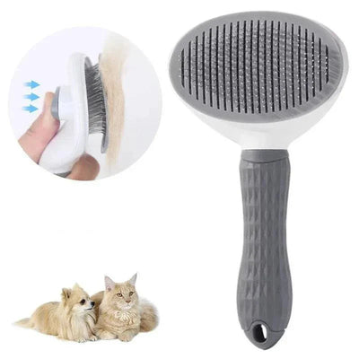 Stainless steel hair remover brush for pets with non-slip handle, ideal for removing pet hair.