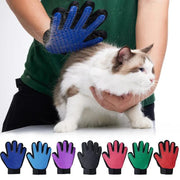 Pet grooming glove in use with color options, cat deshedding brush and massage tool.