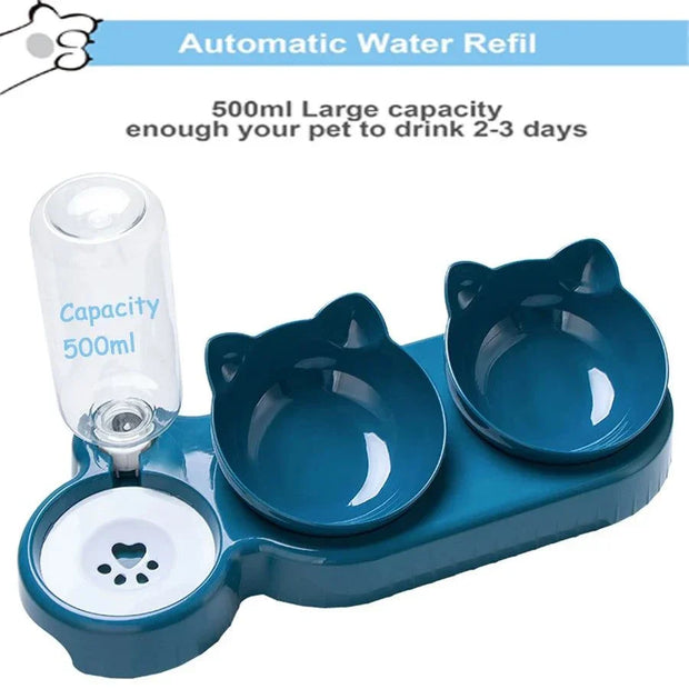 Triple Cat Bowls with automatic drinking bottle, tilted and rotatable design for pets.