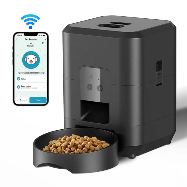 Smart pet feeder with automatic dispensing, battery-operated, and LCD display.